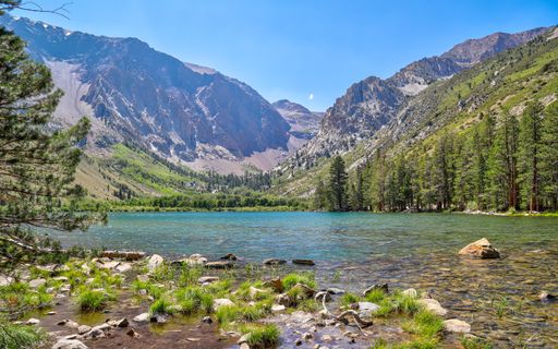 Emerald colored waters of Parker Lake in the mountains of California's Eastern Sierra.