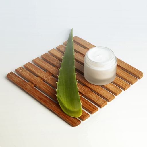 A closeup shot of aloe vera leaf with container of a cream on a wooden tray, concept of beauty