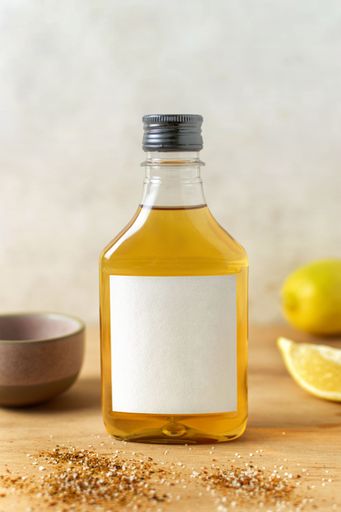 A clear glass bottle of orange juice on a light wooden table, next to lemon slices