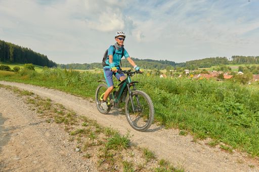 A biker in the mountains of Zurich under the bright sunlight