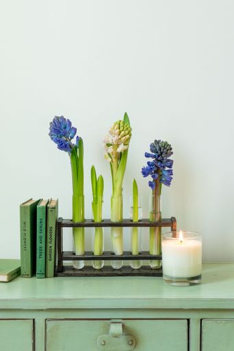 A vertical shot of minimalist flowers in vases, books, and a scented candle against a white wall