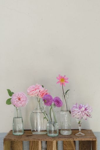 A vertical shot of assorted colorful flowers in individual vases on a wooden table