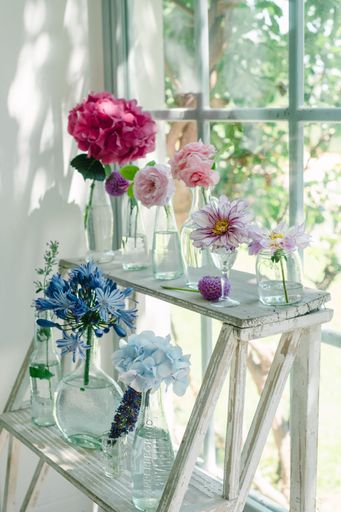 The vases of beautiful flowers on a wooden chair