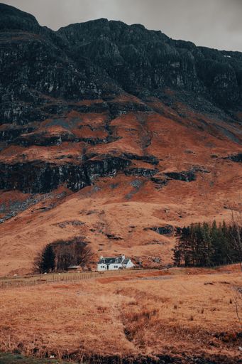a vertical scenic shot of isolated houses in the scottish highlands
