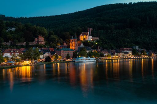 Old town, castle and church look really romantic on the Neckar in the evening
