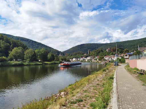 A cargo ship sailing in the River Rhine with mountains in the background on a sunny day in Germany