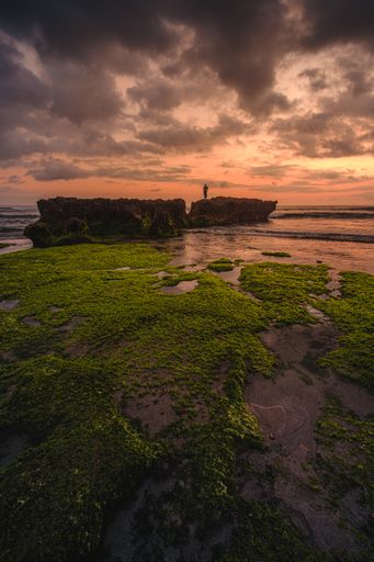 A vertical shot of the moss covered stones by the sea under the cloudy sky captured in Canggu, Bali