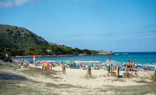 Capdepera , Mallorca, Spain - JULY 17, 2020. Empty seats at the beach without no tourists because of covid-19 corona.