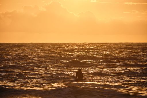 A beautiful shot of a man swimming in a sea during the golden hour