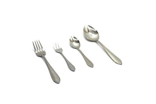 Set of cutlery teaspoon fork and knife stainless steel on white background
