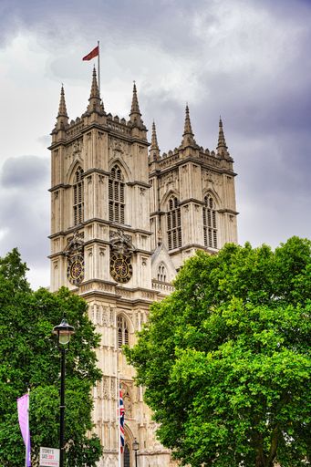 A vertical shot of a landmark under a cloudy sky