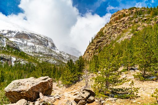 A scenic shot of Rocky Mountain National Park on a cloudy sky in Colorado