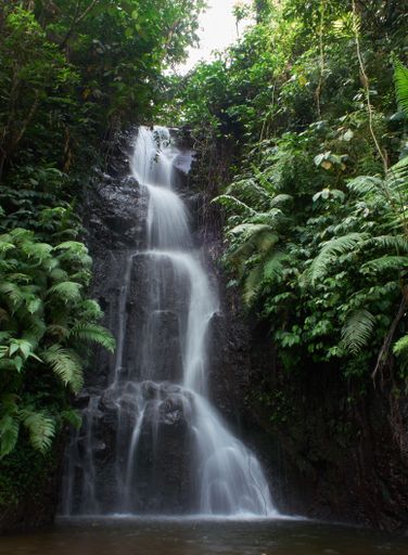 A small waterfall among the trees and leaves in tropical forest area of West Java, Indonesi