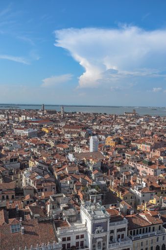 An aerial view of the skyline of the city of Venice on a sunny day, Italy