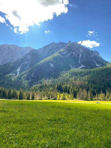 A vertical shot of a green field with beautiful mountains in the background on a bright summer day in the highlands