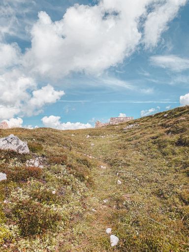 A vertical shot of a dry hillside in the highlands on a bright sunny day with fluffy clouds in the sky