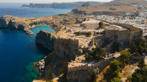 An aerial view of the Acropolis of Lindos on the Rhodes island at daytime in Greece