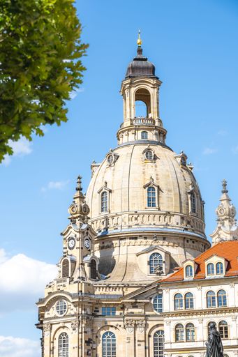 A vertical of the mesmerizing Frauenkirche church in Baroque style with a huge dome Dresden, Germany