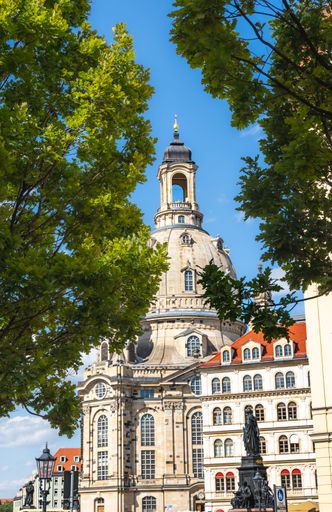 A Frauenkirche church building facade in Dresden