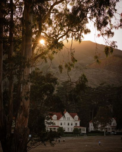 A vertical shot of the Cavallo Point Lodge in Golden Gate Station at sunset.