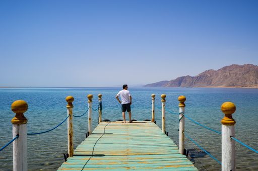 A closeup shot of a male standing on a pier and enjoying the view