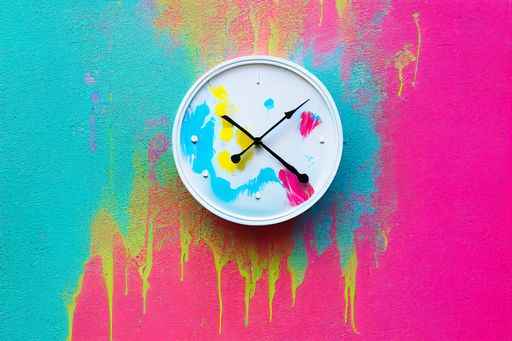 A round clock hanging on a bright multicolor spashed wall
