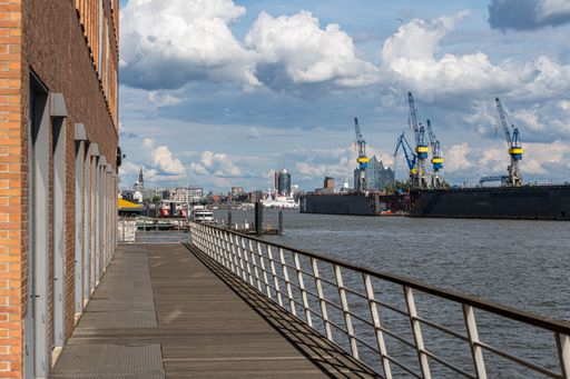 Stunning panoramic view of the harbor of Hamburg with a fantastic sky with beautiful clouds