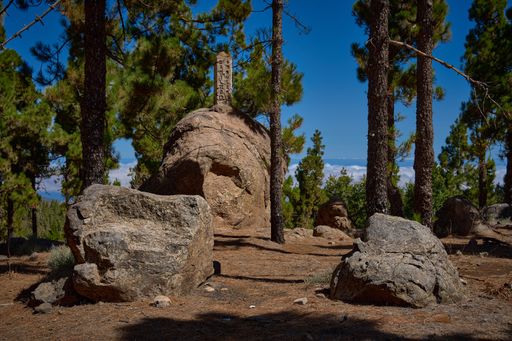 A sunny scenery of  big rocks with antique writings surrounded by trees