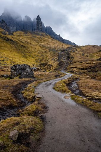 A vertical shot of a way to the Old Man of Storr rock formation on the Isle of Skye
