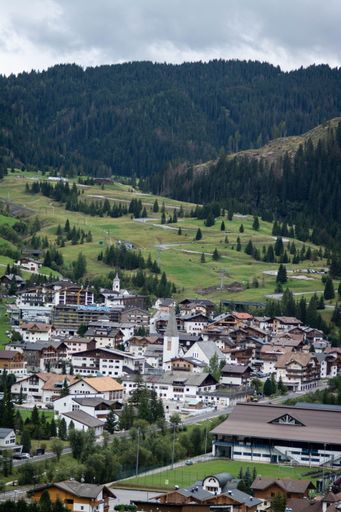 A vertical shot of the small village of Calfosch in Italy with forests in the background