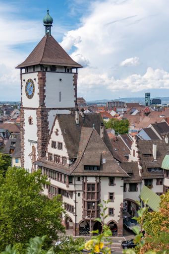 A vertical shot of the Schwabentor historical landmark in Freiburg im Breisgau, Germany.