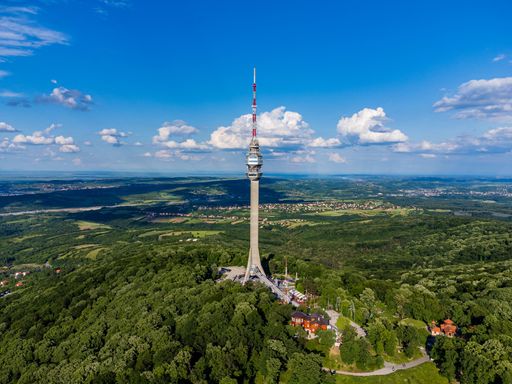 An aerial view of the Avala tower on Avala Mountain in Belgrade, Serbia