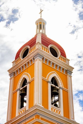 A vertical low angle shot of the top of the Mary Cathedral Church in Granada, Nicaragua