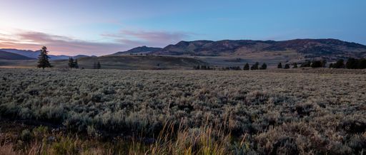 A stunning landscape of a mountain range, with a lush grassy field