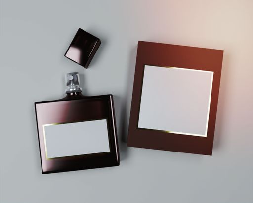 Blank badge with a frame next to it sitting on a gray background, with copy space