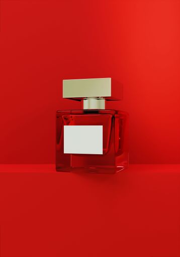 A 3D-rendered image of an empty perfume bottle on a vibrant red background, with copy space
