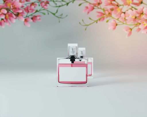A 3D illustration of perfume bottles isolated on a white background with flowers
