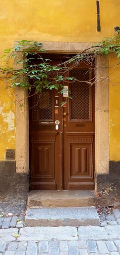 A vertical shot of a wooden door in an old house in Stockholm, Sweden