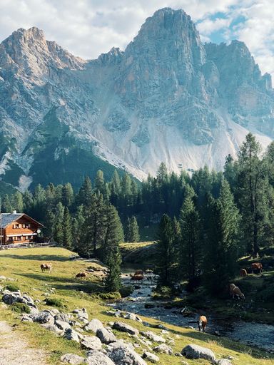 A picturesque view of Alps with a resort building in the slope of mountain