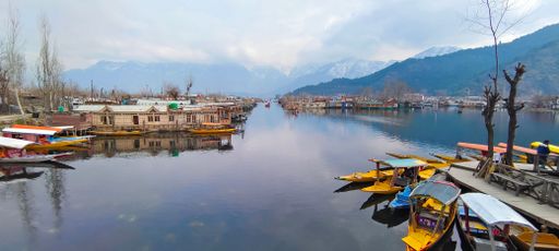 A beautiful view of docked boats on a reflective lake and a village with small houses