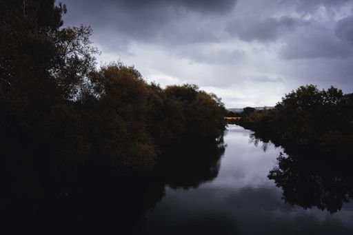 A silhouette shot of trees beside the river with a stormy cloud background