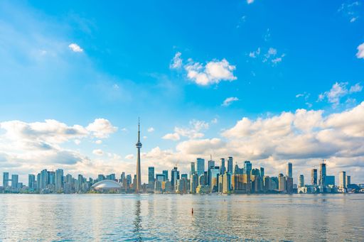 A distant view of a skyline of downtown Toronto, Canada