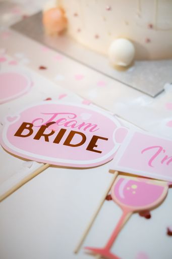 A vertical shot of team bride signs in pink color