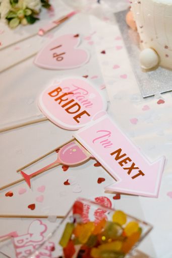 A vertical shot of team bride signs in pink color