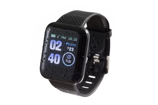 The digital display of a black smart watch bracelet before a white background