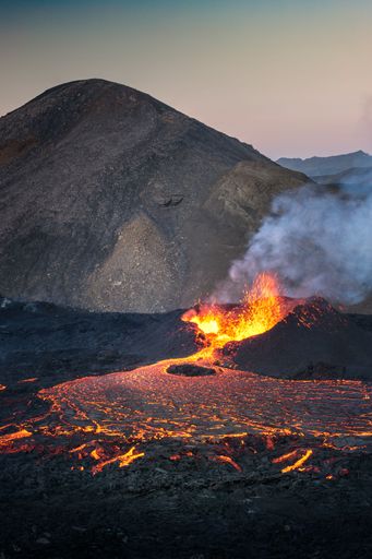 A vertical view of an erupting Fagradalsfjall volcano in Iceland
