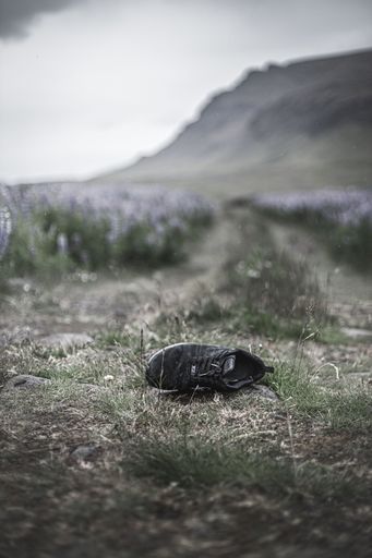 A vertical shot of a dusty old shoe abandoned in the nature