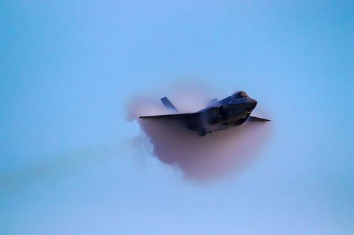 A F35 Lightning II of USAF Demo Team make a high speed pass at Sanicole Airshow