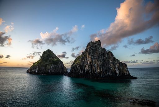 The beautiful view of Two Brothers Rock. Cacimba do Padre, Fernando de Noronha, Pernambuco, Brazil.
