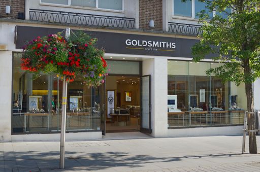 Goldsmiths Shop front on Exeter High Street Chain retailer specialising in diamonds, designer watches, plus gold and silver jewellery